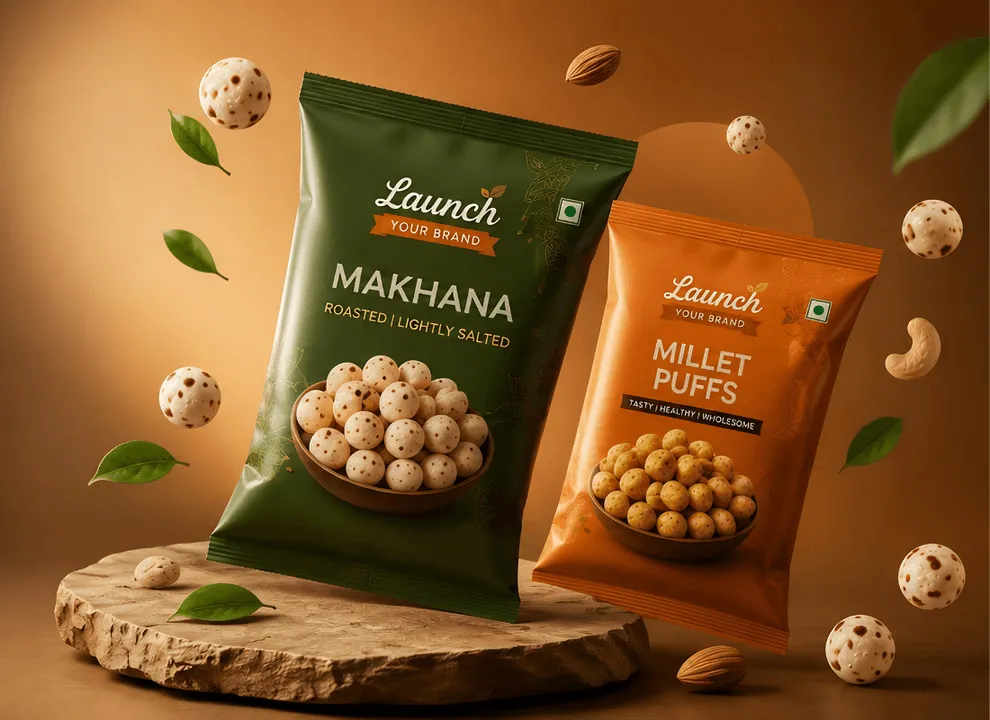 Own snack brand: roasted makhana and millet puff pouches with your label, made by Launch My Brand in India
