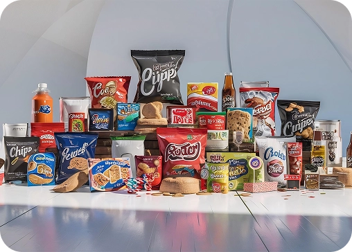 Display of Launch My Brand packaged snacks including chips, namkeen, and cookies