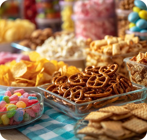 Display of various snack types tested for freshness, quality, and shelf life at Launch My Brand’s food testing setup.