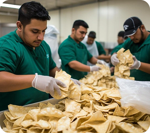 Factory workers inspecting and packaging snack chips at Launch My Brand’s white label food manufacturing unit in India.