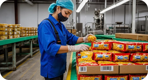Worker inspecting and packaging snack packets at a white label food manufacturing unit – Launch My Brand, India