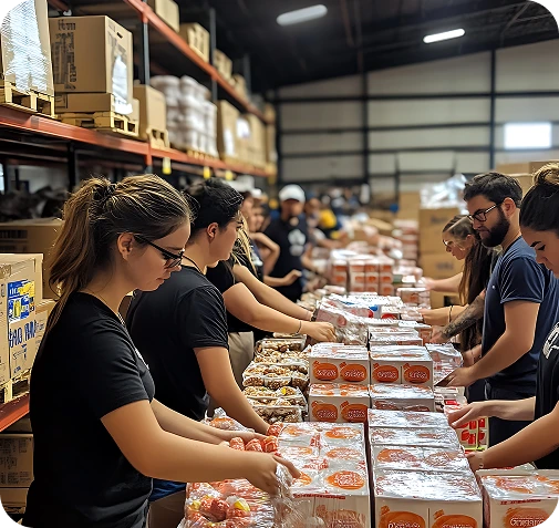 Workers organizing snack products for shipment in a warehouse at Launch My Brand’s logistics facility in India.