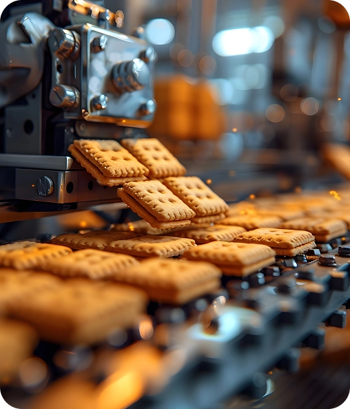 Automated biscuit production machine used by Launch My Brand (LMB) for large scale snack manufacturing.