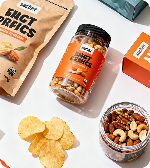 Craft packaging for snacks and nuts by Launch My Brand showcasing custom pouches, jars, and food-safe packaging.