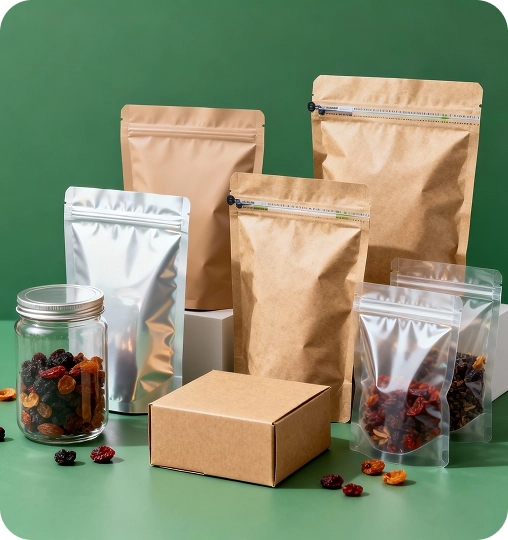 Food-grade packaging materials by Launch My Brand including kraft pouches, zipper bags, jars, and custom boxes.