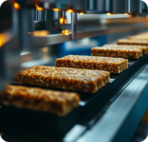 Industries served by Launch My Brand (LMB), with snack bars produced on a modern automated line.