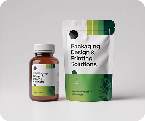 Launch My Brand packaging design and printing solutions featuring pouch and jar mockups in studio lighting.