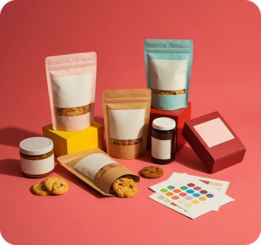 Custom food packaging pouches and boxes by Launch My Brand displayed with cookies and jars on colored background.