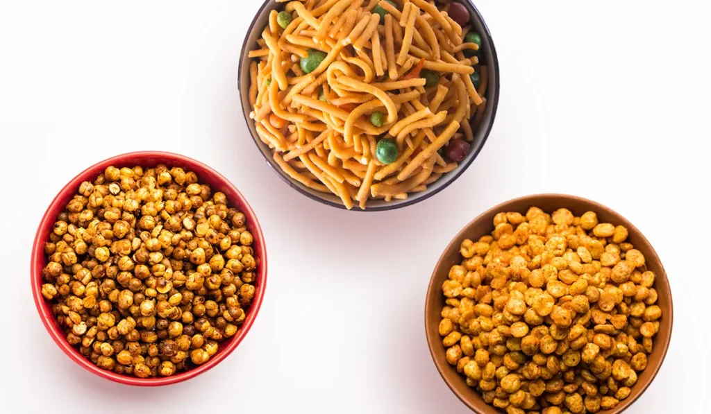 Roasted chickpeas and namkeen mix bowls – healthy snacks by Launch My Brand