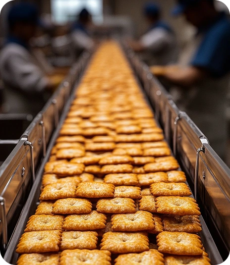 Snack production conveyor line at Launch My Brand (LMB) featuring automated quality controlled processing.