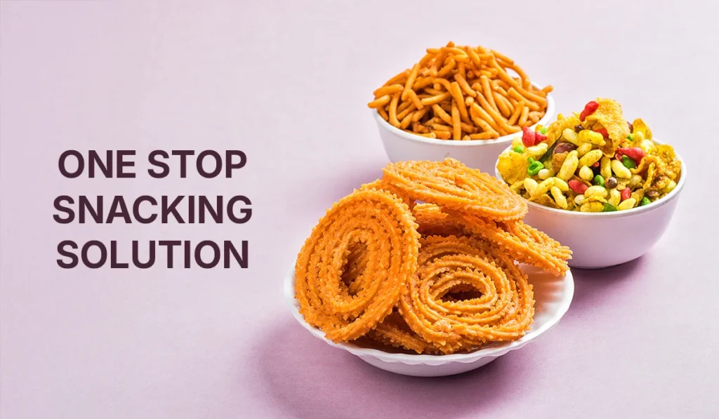Indian snacks like chakli, sev, and mixture displayed as Launch My Brand’s one-stop snacking and private-label solution.