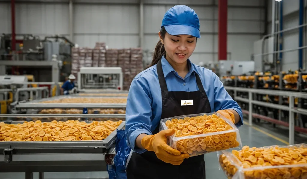 Launch My Brand manufacturing facility with a worker packing snacks during large-scale white-label snack production.