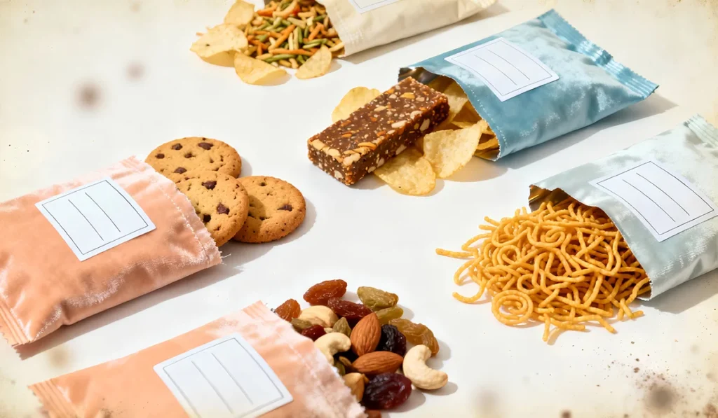 Snack sachets containing cookies, chips, namkeen, bars, and dry fruits—custom packaging concepts created by Launch My Brand.